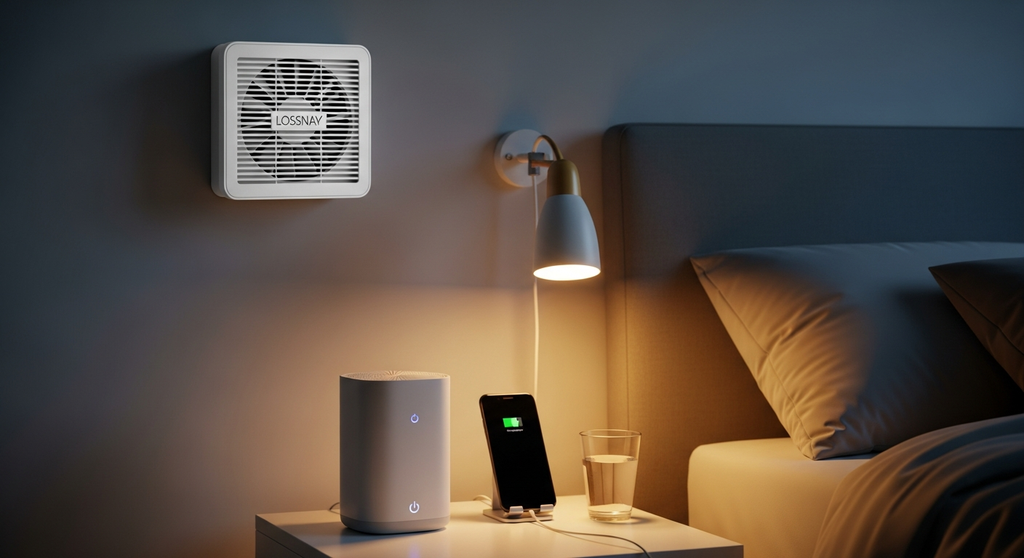 ベッドサイドのホワイトノイズマシンと壁面のロスナイ換気扇