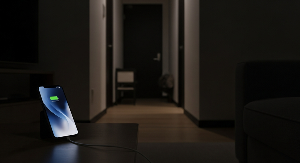 静かな夜のリビングに置かれたスマートフォン