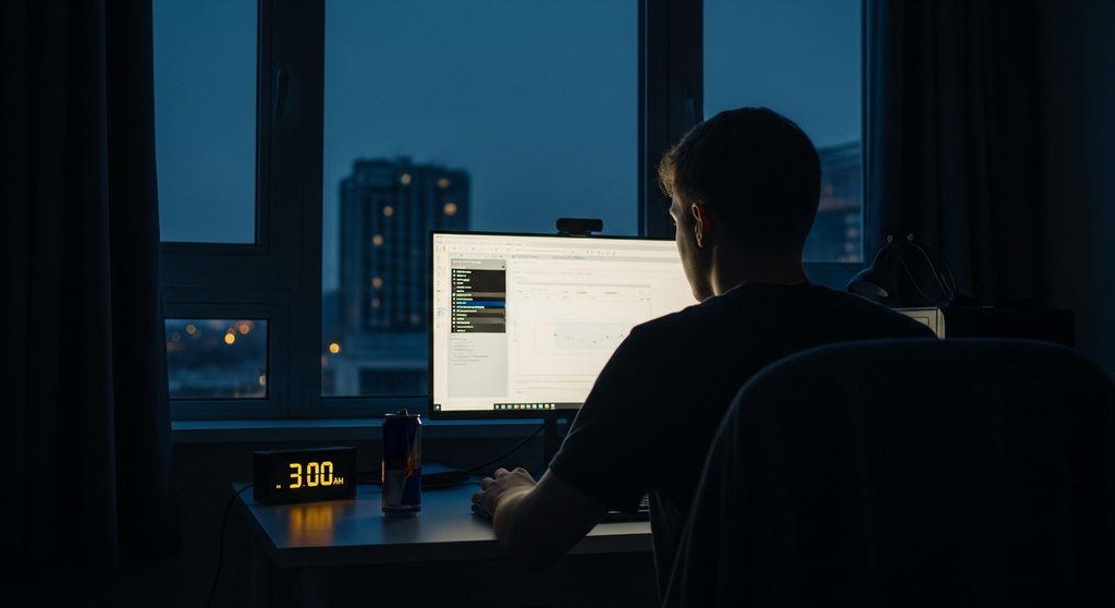 深夜にPCに向かい集中する男性の後ろ姿